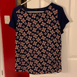 Ann Taylor Mixed Media Floral Top, Navy, Size M
